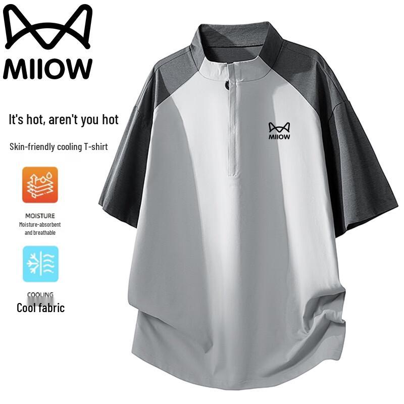 MiiOW Men s Half-Zip Stand-Up Collar Short-Sleeve T-Shirt L