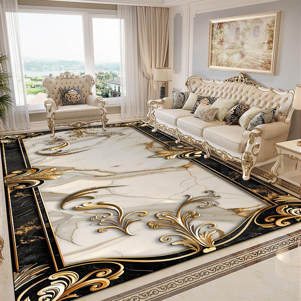 Luxury Golden Decorative Rug for Living Room European Style Parlor Decor Carpet for Rooms Non-slip Washable Lounge Sofa Foot Mat