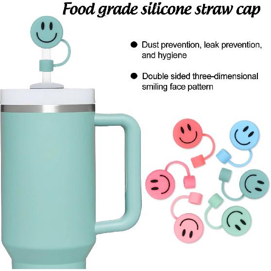 Whaline 6Pcs Smile Face Straw Covers Pink Green Silicone Reble Round Straw Topper Gradient Color Double Sided Pattern Straws Tips Covers 10mm 0.4