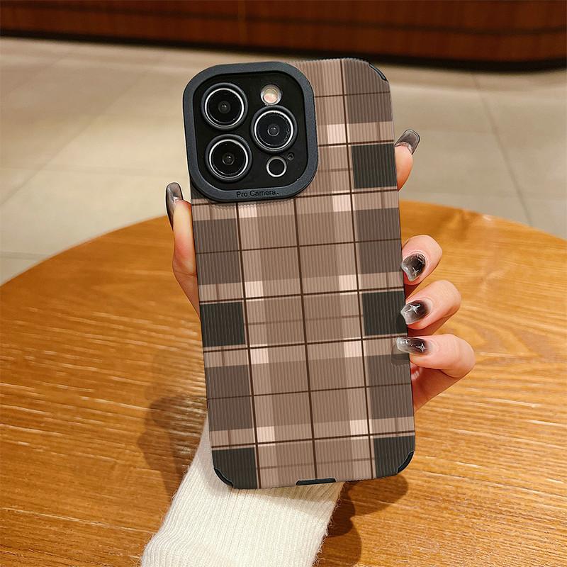 Vertical Grain Leather Shell Fashion Grid Printed Cover Patterned Soft Silicone Case with Camera Lens Full Protection for iPhone