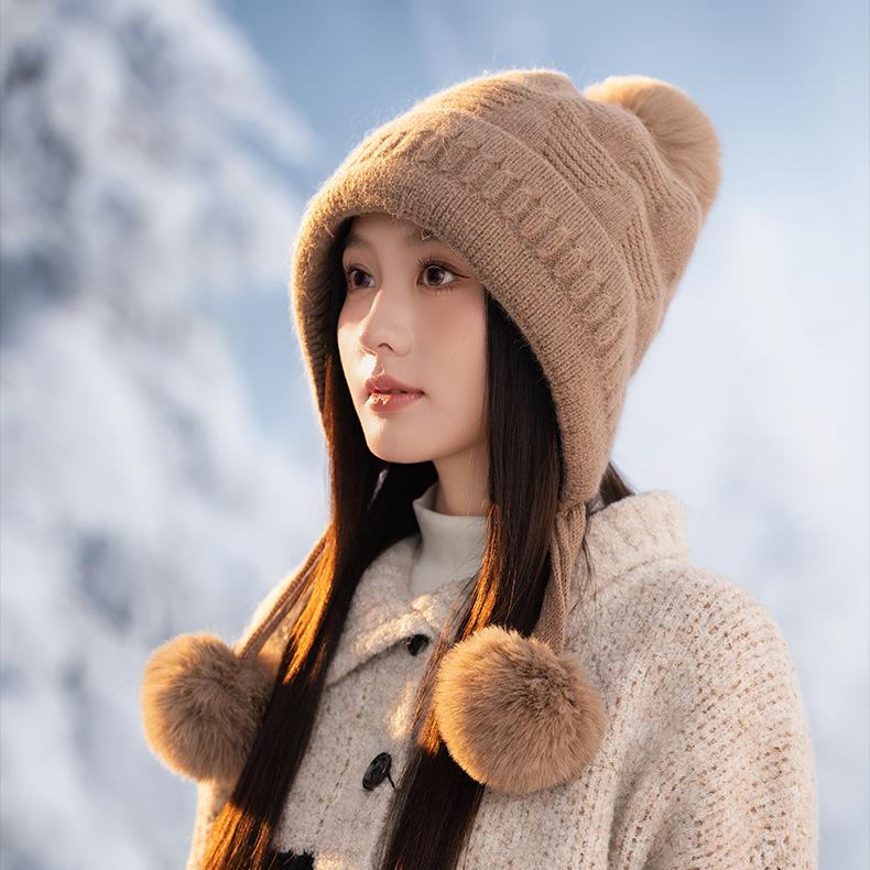 Female Triangular Striped Rabbit Fur Knitted Wool Hat Autumn and Winter Women's Piled Thickened Thermal Hat