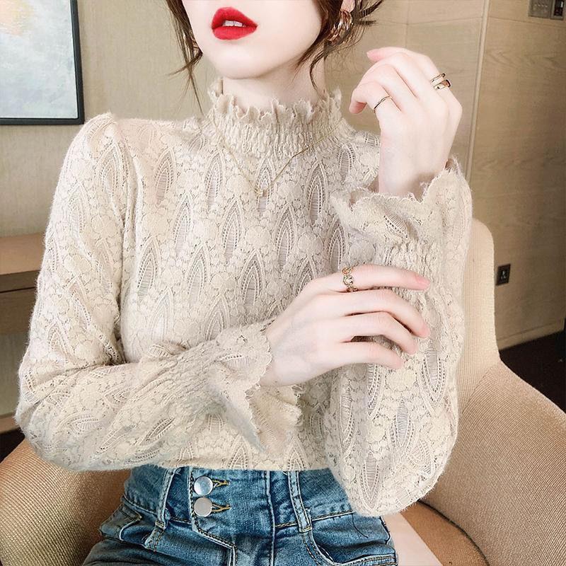 Halbhoher Kragen Spitzen-Unterhemd Damen Langarm Gepolstert Herbst und Winter Yankee Take Top Slim Warmes Shirt