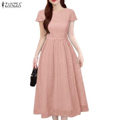 Women Elegant Lace Patchwork Casual Round Neck Short Sleeve Dress