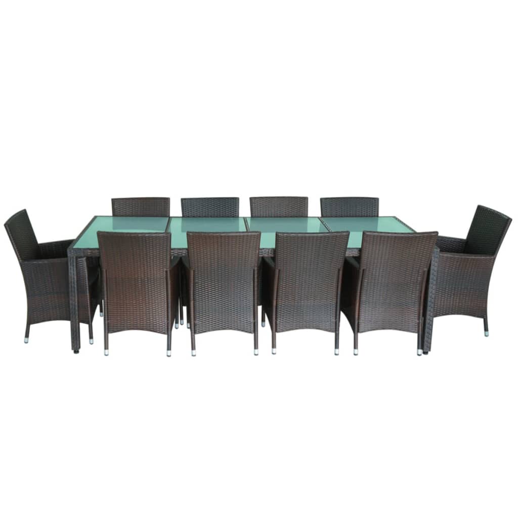 11 piece outdoor dining set with cushions poly rattan brown