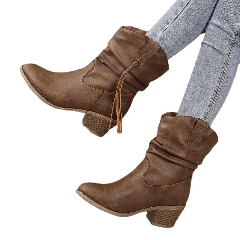 Novos sapatos para mulheres botas femininas sem cadarço, moda costura, botas diárias femininas, venda imperdível, bico redondo, salto quadrado, botas de tornozelo