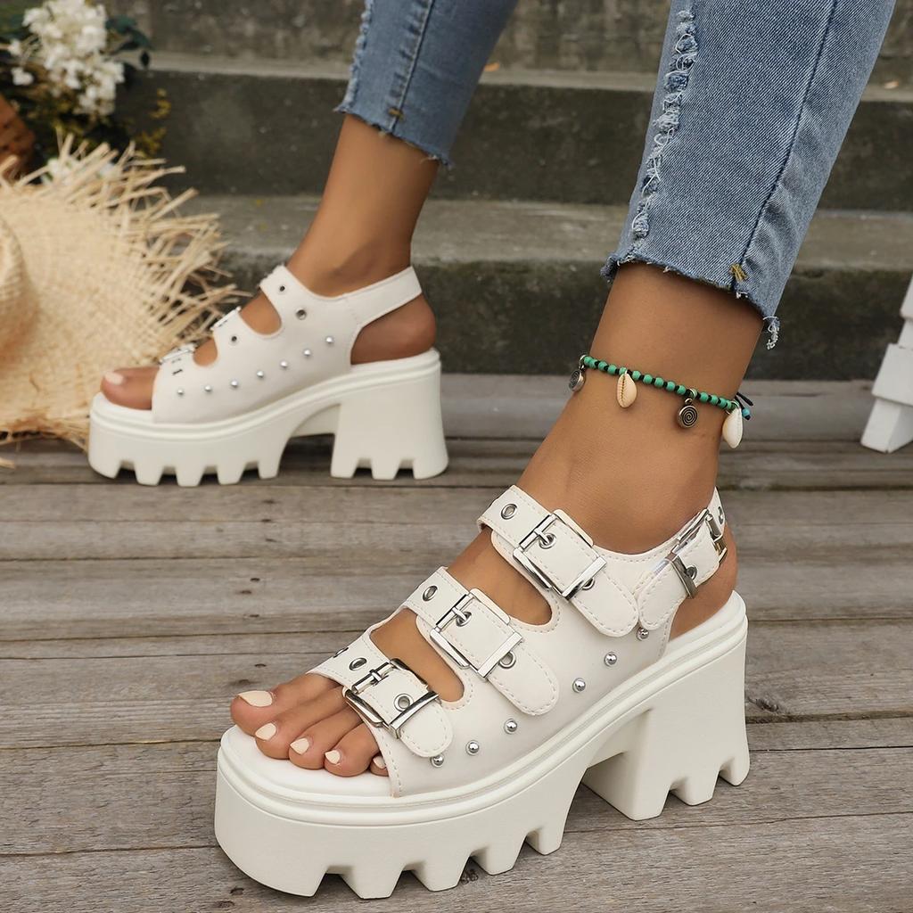 Fashion Large Size Women High Heeled Sandals Summer Punk Height Increasing Sandal Motorcycle Gothic Woman Shoes Khaki Platform Sandals