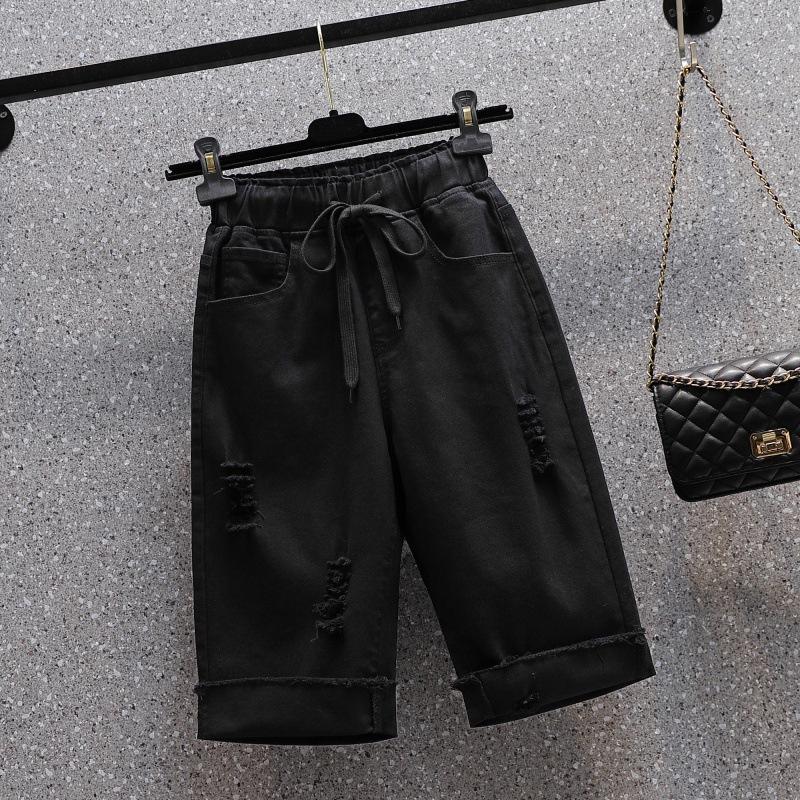 

Женские весенне-летние однотонные брюки больших размеров с поясом и высокой талией, эластичные прямые джинсы Five-minute с дырками L