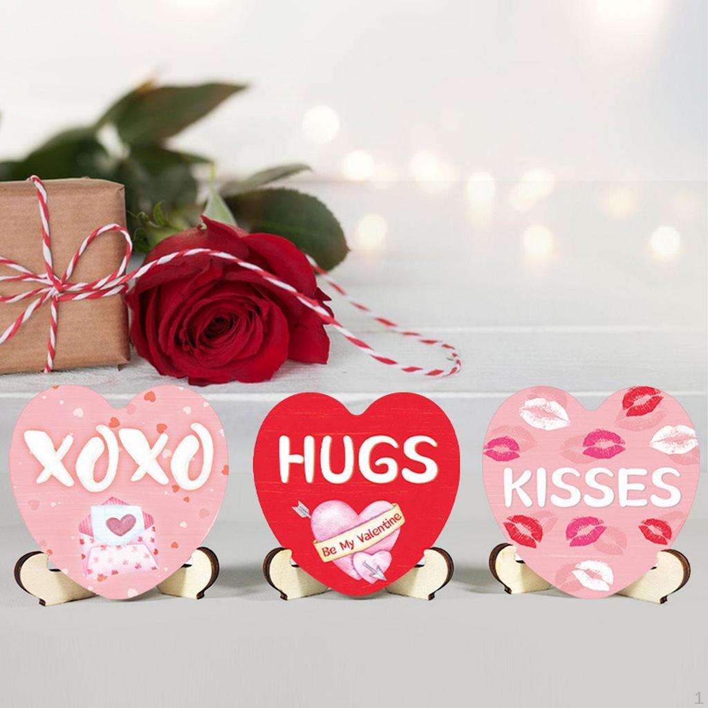 3Pcs Valentine's Day Heart Sign Tabletop Ornaments Gift Wood Love Signs Valentines