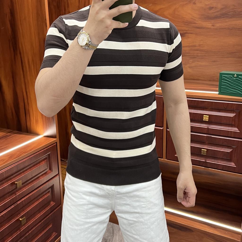 Summer Breathable Versatile Short Sleeve Slim Fit T-Shirt Casual Textured Thick Stripe Trendy Men's Knitwear