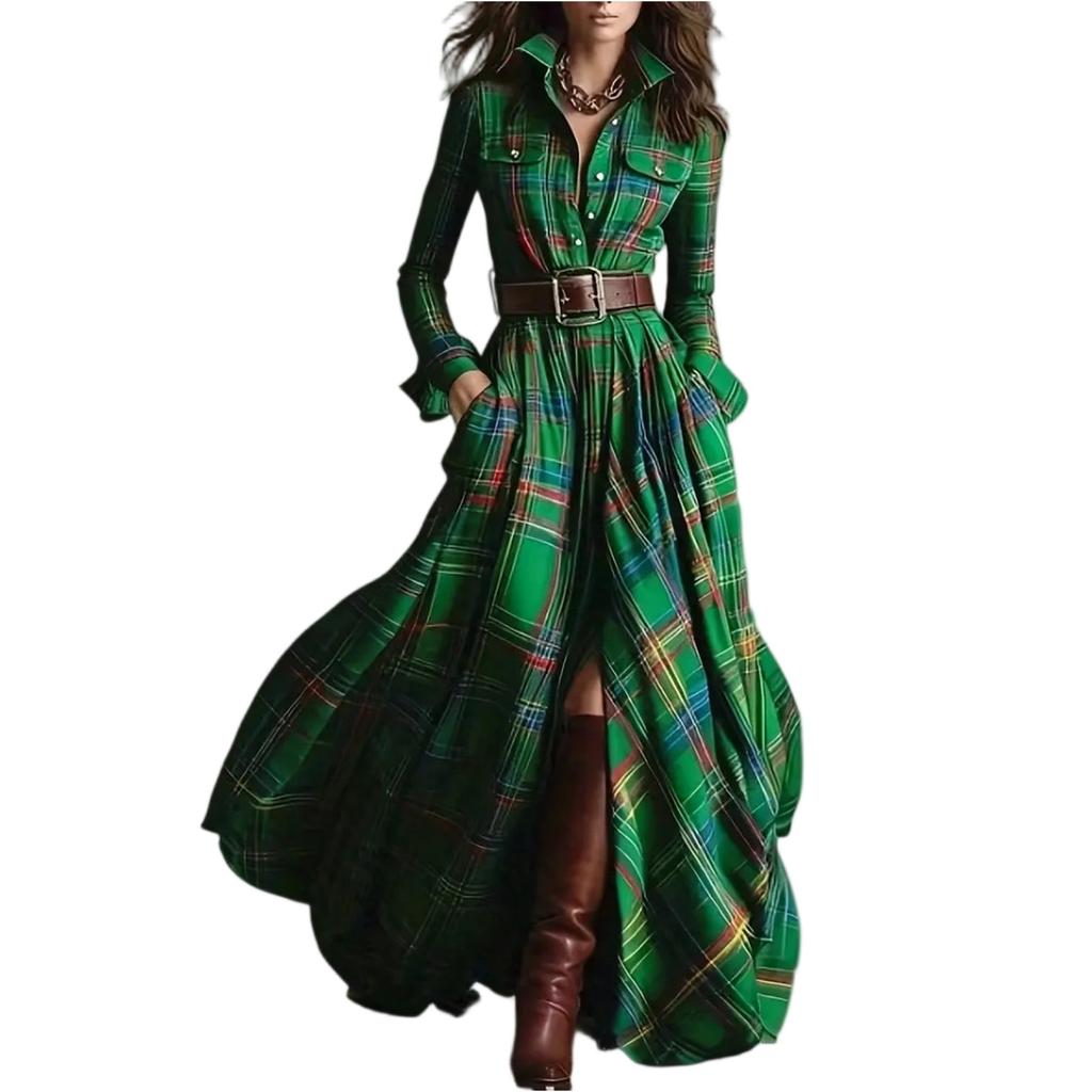 Womens Plaid Shirt Dress V,Neck Button Button Split Asymmetric Hem Checkered Maxi Dress With Pockets