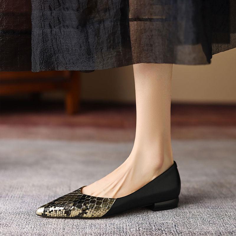 Pointed Toe Snake Pattern Slip-on Low Heel Elegant Shoes for Women Summer Young Trend Korean Style Chic Point Casual Woman Flats