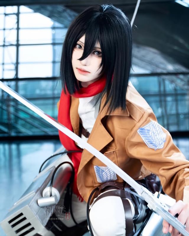 [Excellent Quality] Mikasa Ackerman Cosplay Wig, Wings of Freedom Scout Regiment Cosplay Costume for Adults, School Festivals, Events, and Stage Wear
