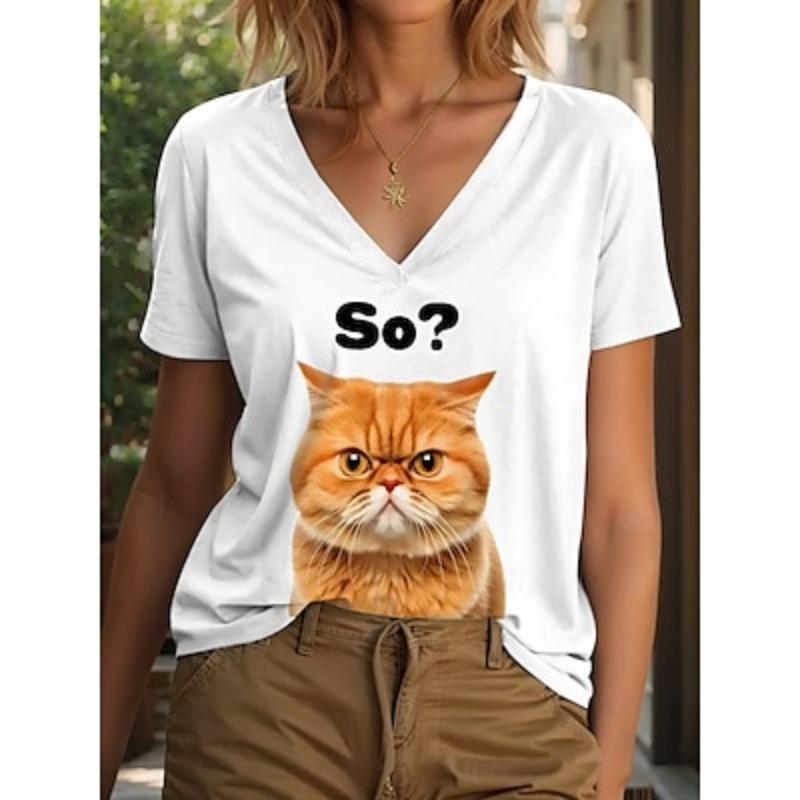 

Жіноча футболка із зображенням кота, стильна, класична, повсякденна, з коротким рукавом, V-подібним вирізом, звичайні топи, щоденні принти, білий, рожевий, синій, літо, весна 2XL