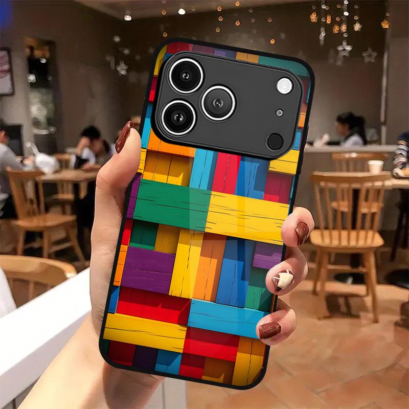 Colorful Wood Block Pattern 2D Phone Case for iPhone 17 16 15 14 13 12 11 X XR XS Max Pro 8 Plus - Glass Protective Cover