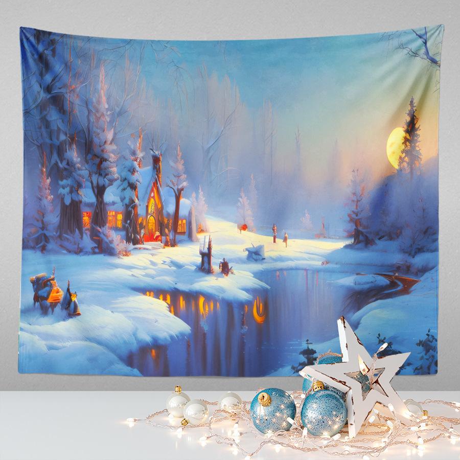 Amazon Festive Hanging Cloth Christmas Background Cloth Printed Cartoon Christmas Tree Snowman Tapestry