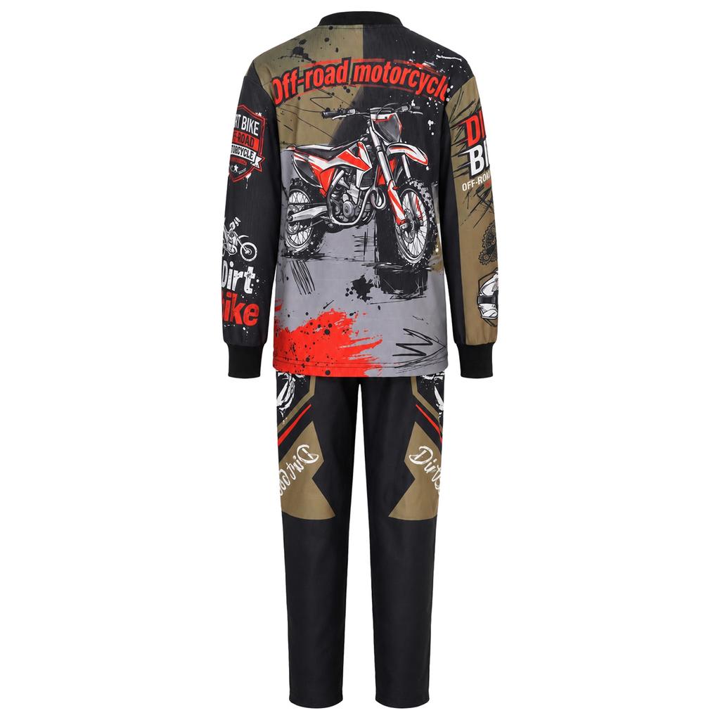 Kinder Jungen Bedruckter Motocross Anzug Off-Road Motorrad Rennanzug Rundhals Langarm Oberteil mit Elastischem Bund Taschen Hose