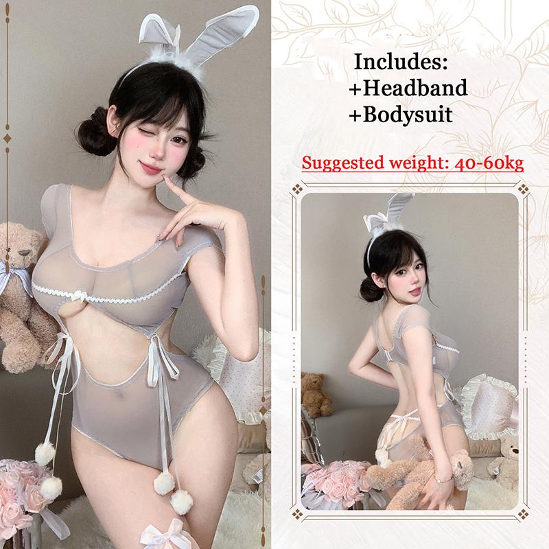 Cute Sexy Bunny Costume Mesh Perspective Lingerie Bunny Girl Cosplay Uniform Maid Outfit One Piece Jumpsuit Temptation Pajamas
