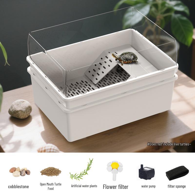 Eco-Friendly Turtle Habitat: Dual-Layer Tank with Waste Separation & Green Plant Landscaping.