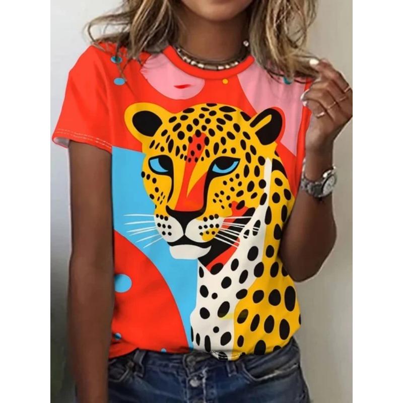 Sommer Casual Damen 3D Leopardenmuster Herz bedrucktes T-Shirt Damen Kurzarm Oberteil City Street Fashion Damen T-Shirt