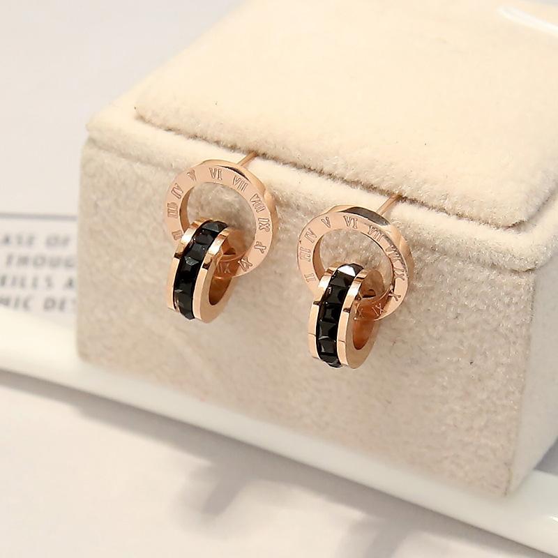 Top Brand Hight Quality Titanium Steel Double Wound Roman Numerals Crystal Stud Earrings For Women Gift Jewelry