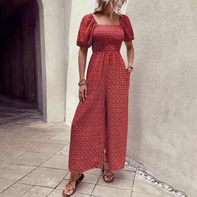 Women's Square Neck Jumpsuit Floral Puff Short Sleeve Wide Leg Pants Romper Summer Casual