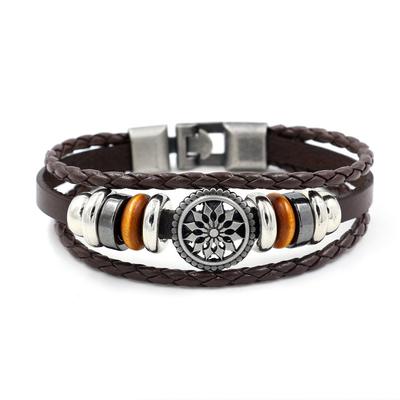 Vintage Men Bead's Leather Bracelet Handmade Leather Cuff Bracelet Punk Style Leather Wrap Wristband for Men