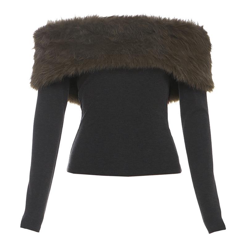 

Autumn new women s clothing off-shoulder fur collar one-word shoulder long-sleeved T-shirt Spice girl slim-fit outer bottoming shirt top S темно-серого