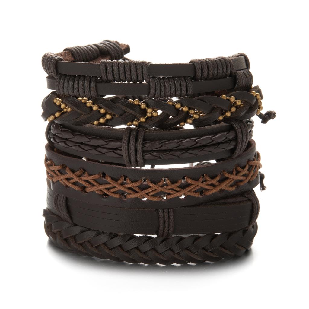 Trendy Braided Wrap Leather Bracelets Men Vintage Cross Dumbbell Guitar Charm Wood Beads Male Wristbands Jewelry Pulsera Hombre