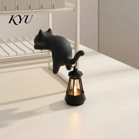 Cute Kitten Ornament Gift Cat Shape Shelf Hook with LED Lantern, Vintage Decorative Light Retro Style Table Lamp Hanging Ornament, Soft Glow Night for
