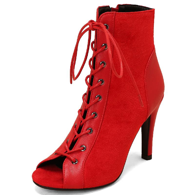 

Модные ботильоны с открытым носком на лето и весну для женщин, сексуальные туфли на каблуках для джазовых танцев, женские туфли на шнуровке, черные, красные, с леопардовым принтом, для вечеринок 39 красный