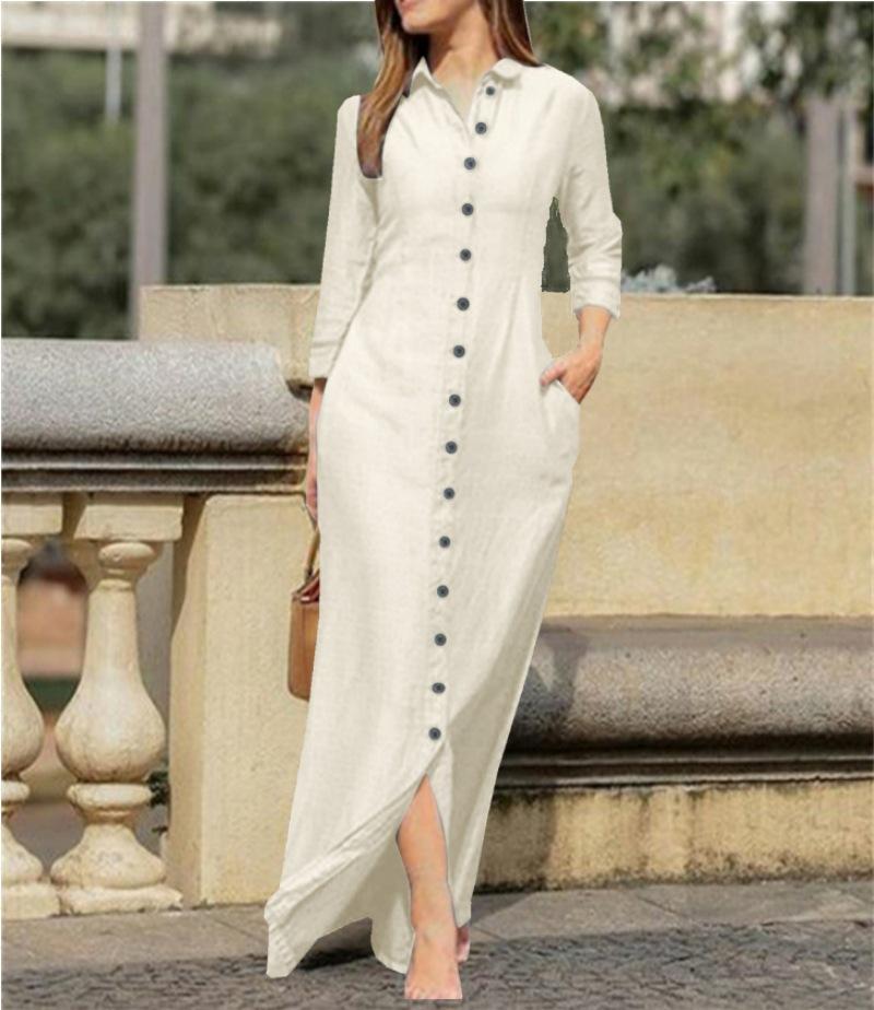 Women's Shirt Collar Long Sleeve Maxi Dress Loose Fit No Waist Elegant Solid Linen Cotton Split Hem Pocket Casual Shirt Dress