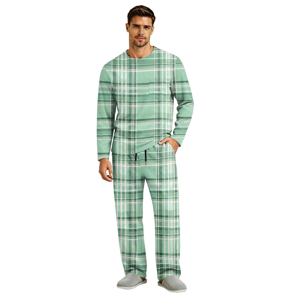 Men's Long Sleeve Pajama Set with Button Crotch and Elastic Drawstring Waist for Home Comfort