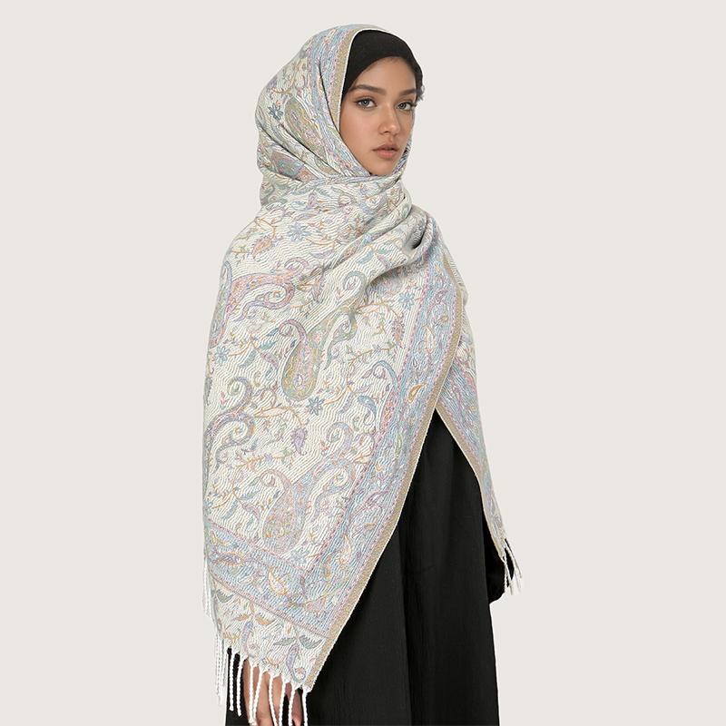 Thicken Embroidery Cashmere Winter Scarves Women Pareo Cape Warm Muslim Shawl Chunky Headscarf Wrap Ladies Elegant Poncho Turban