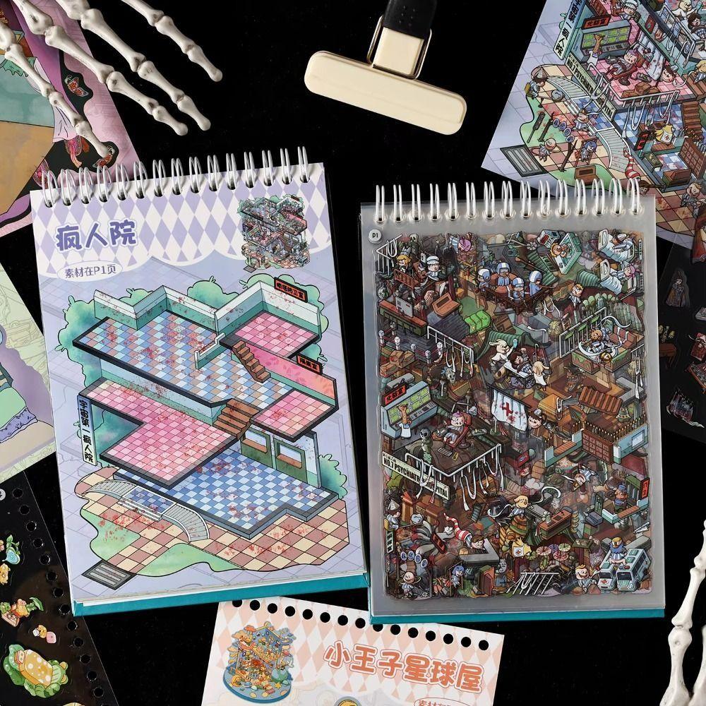 40Pcs/book Three-Dimensional Miniature Scene Sticker Book DIY Stickers Cartoon Miniature Scene Collection Simulation Life