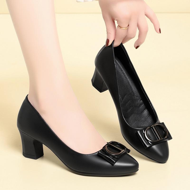 Black High Heels For Women In Spring And Summer New Style Light Mouth Catwalk Single ShoesWaterproof Platform Leather Shoes