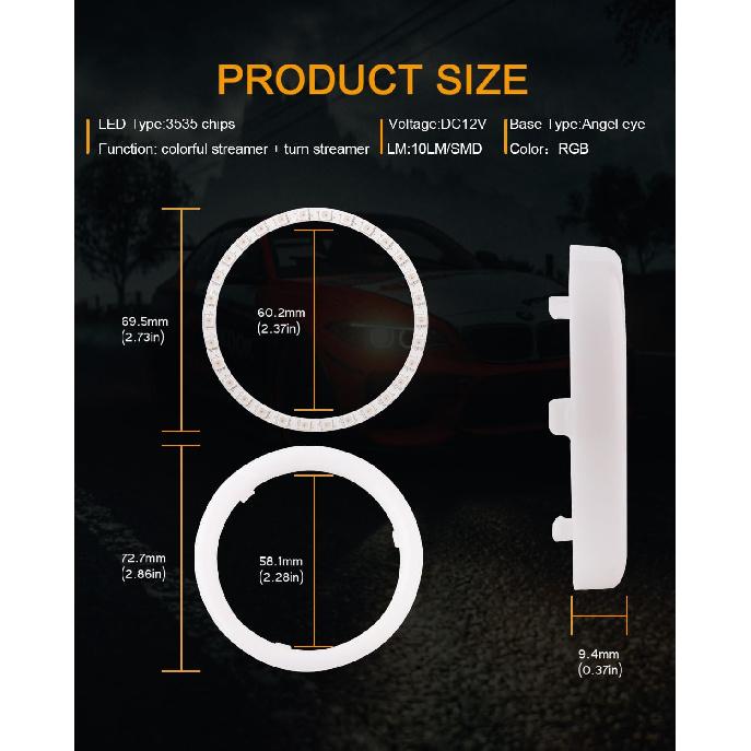 Qasim Angel Eyes Halo Rings Cotton Lights 12V 70MM RGB LED Universal for Car Scooter Motorcycle DRL Fog Light Turn Signal Light APP Bluetooth Control