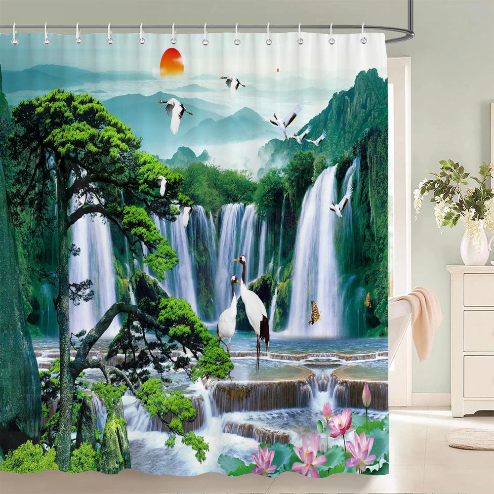 Chinese style Natural Waterfall landscape Shower Curtains Bathroom Curtain Waterproof Polyester Horse Bath Curtain with Hooks