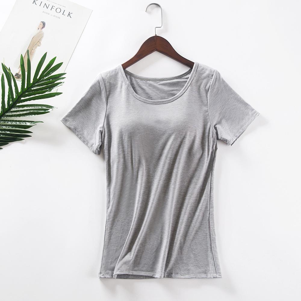 Women's Modal Short-Sleeve T-Shirt with Built-In Bra Cups, Solid Color, Ideal for Yoga, Home, or as a Base Layer Sports Top. No Separate Bra Needed.