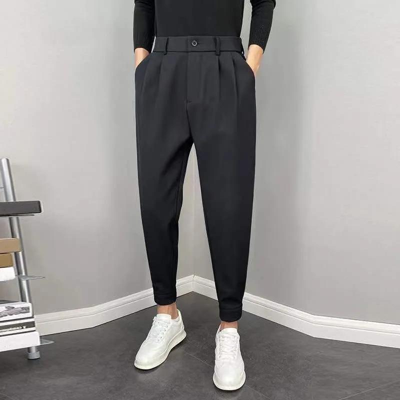 Men's Summer Cuffed Cropped Casual Pants with Drape Fit, Velcro Waistband, and Suit-Style Design