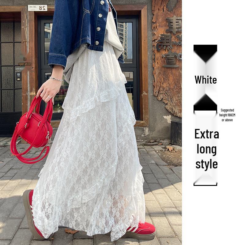 

Женская белая юбка А-силуэта в стиле ретро пэчворк с кружевом - Эластичная талия, стройнящий дизайн, длинная сетчатая юбка-торт для лета S (80-95 jin)