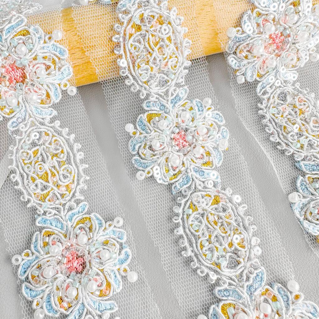 Mesh Hollow Blue Strand Beads Embroidery Barcode Clothing Dress Luggage Skirt Decorative Lace Accessories