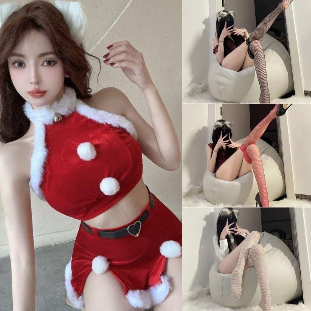 New Sexy Pure Wind Velvet Plush New Year's Day Christmas Split Temperament Short Dress Suit for Women