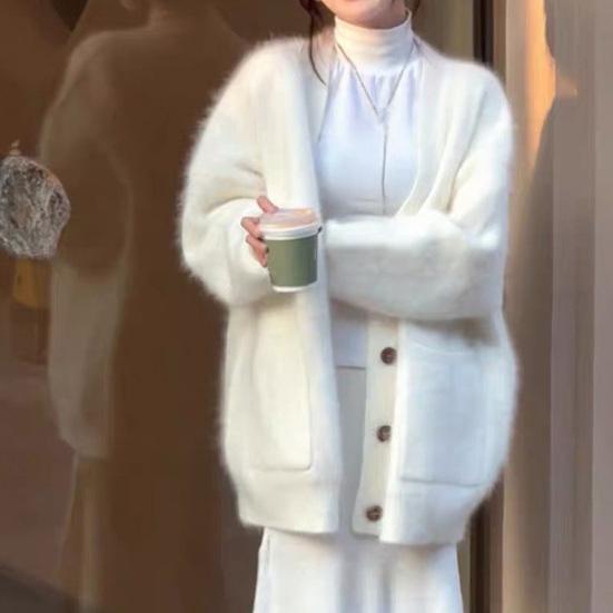 Women's Fuzzy Cardigan V Neck Button Down Oversized Fluffy Coat Fall Winter Casual Long Sleeve Slouchy Furry Sweater
