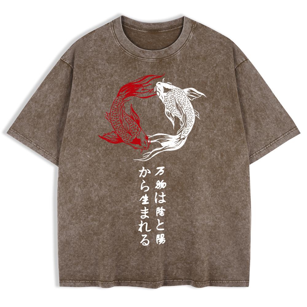 Japanese Koi Harajuku Printing Washed T-Shirts Mens Cotton Oversized T Shirt Summer Short Sleeve Tops O-Neck Clothes