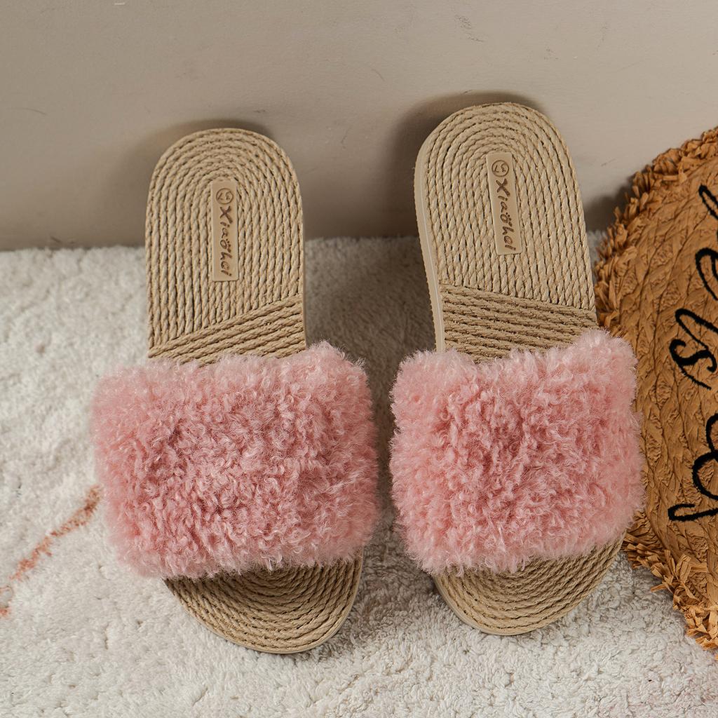 New winter plush cute outer wear women's fluffy slippers indoor open-toed flat-bottomed home slippers