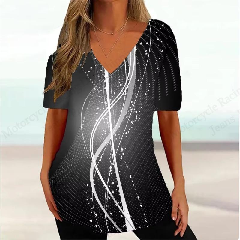 Gestreiftes 3D-Druck T-Shirt Damenmode V-Ausschnitt Kurzarm Einfaches T-Shirt Sommer Casual Übergröße Oberteile Tees Damenbekleidung