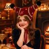 Holiday Photo Booth Decorations Christmas Jester Hat, Velvet Star Clown Hat with Gold Trim Pom Retro Style Performance Headpiece Poms, Adjustable Tie,