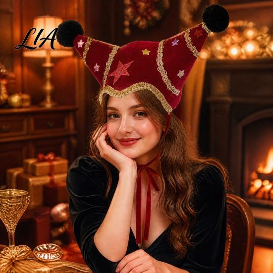 Holiday Photo Booth Decorations Christmas Jester Hat, Velvet Star Clown Hat with Gold Trim Pom Retro Style Performance Headpiece Poms, Adjustable Tie,