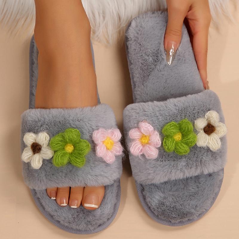 Fashion Mix Color Flower Cotton Slippers for Women Winter 2025 Slip On Open Toe Plush Slides Woman Soft Faux Fur Cotton Slippers Female