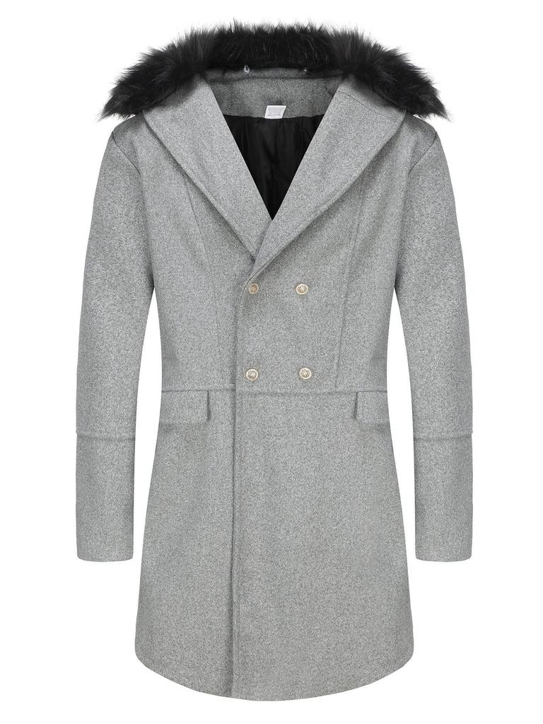 2024 Autumn/Winter European Casual High-Quality Double-Breasted Slim Fit Wool Coat with Fur Collar